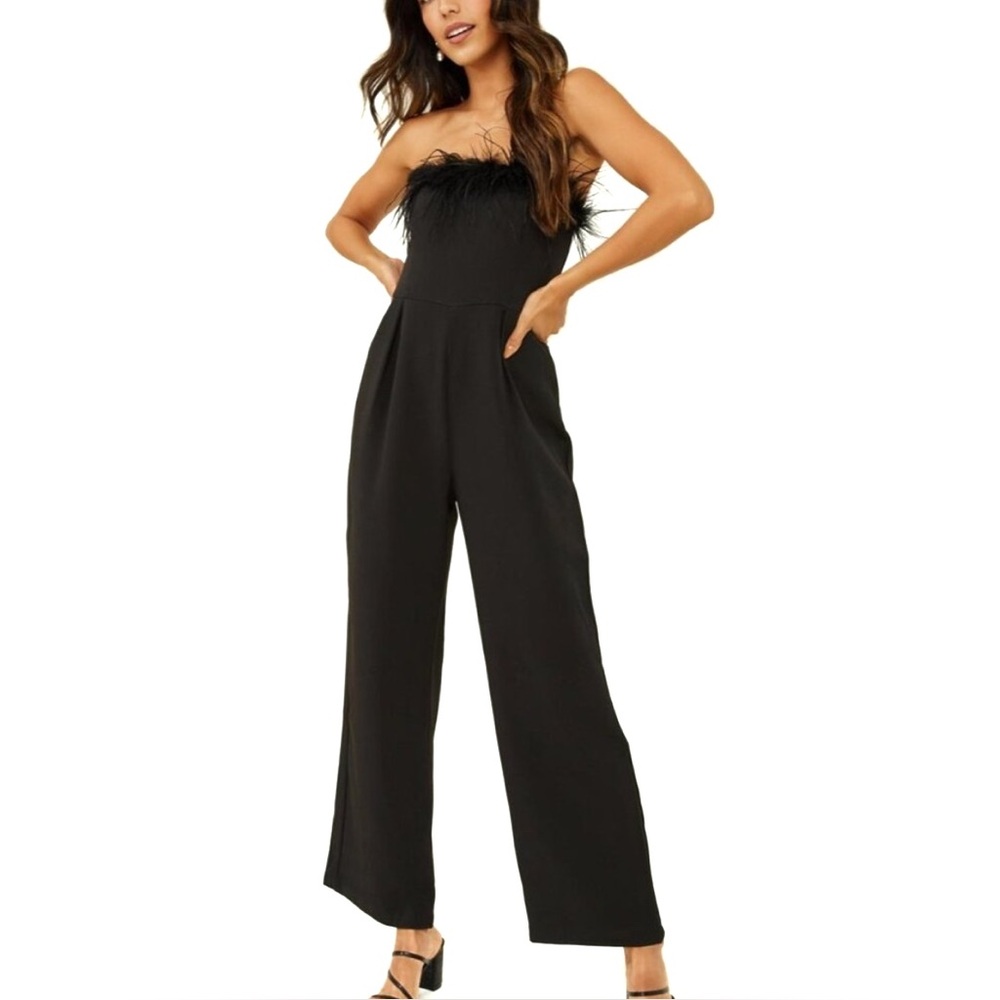 Altar’d State Feather Trim Jumpsuit Black Women’s Medium Strapless Wide Leg M
